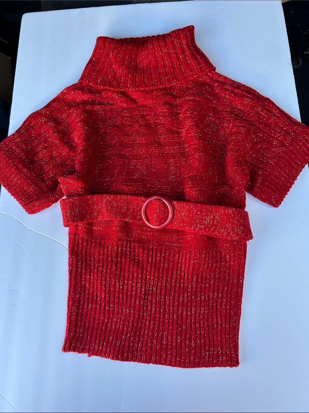 Dollhouse Red sz5/6 Gold Sparkle Short-Sleeve Turtleneck Sweater with Belt NWOT